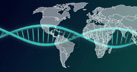 Imagen de la hebra de ADN sobre el mapa del mundo. Ciencia global, investigación, conexiones, computación y procesamiento de datos, imagen generada digitalmente.