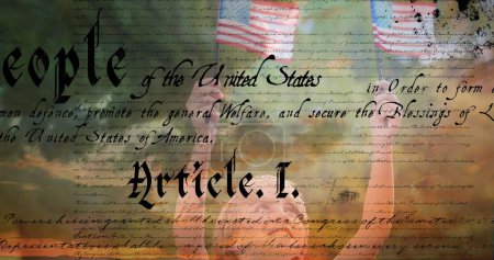 Digital composite of a Caucasian child holding out two American flags outdoors while a written constitution of the United States move in the foreground.