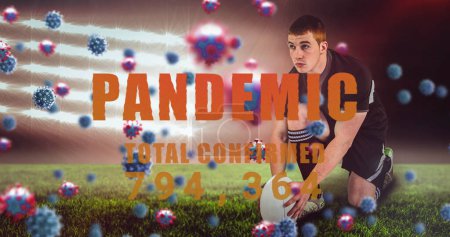 Image d'une pandémie totale confirmée sur un joueur de rugby caucasien au stade. Spot, compétition et concept de pandémie covid 19, image générée numériquement.
