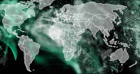 Foto de Imagen de red de conexiones con mapa del mundo sobre fondo negro. Redes globales, conexiones, computación y procesamiento de datos, imagen generada digitalmente. - Imagen libre de derechos