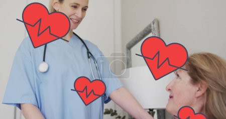 Imagen de corazones con cardiógrafo sobre doctora y paciente caucásica. concepto de servicios médicos y sanitarios, imagen generada digitalmente.