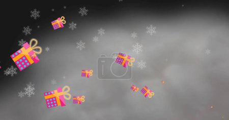 Image of christmas presents and snow falling. christmas, tradition and celebration concept, digitally generated image.