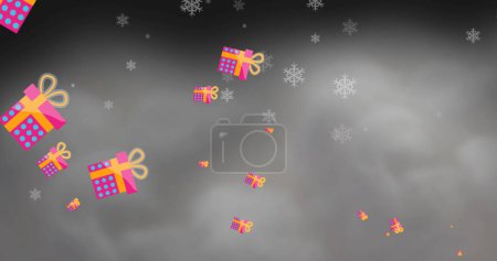 Bild von Weihnachtsgeschenken und Schnee. Weihnachten, Tradition und Festkonzept, digital generiertes Image.