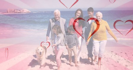 Foto de Imagen de corazones cayendo sobre la familia caucásica en la playa. concepto de moda y estilo de vida, imagen generada digitalmente. - Imagen libre de derechos