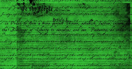 Digital image of a written constitution of the United States moving in the screen against a green background. 4k