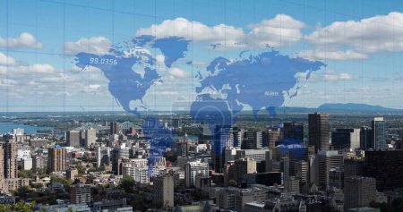 Photo for Image of world map and financial data processing over buildings. Global finance, business, connections, computing and data processing concept, digitally generated image. - Royalty Free Image
