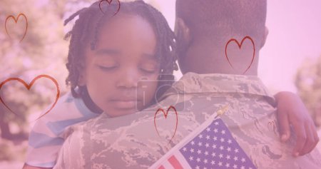 Bild von Herzen, die über den afrikanisch-amerikanischen Soldaten und seinen Sohn fallen. Mode- und Lifestylekonzept, digital generiertes Image.