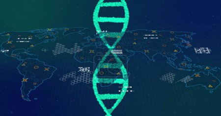 Image of dna strand over data processing and world map. Global science, research, connections, computing and data processing concept, digitally generated image.