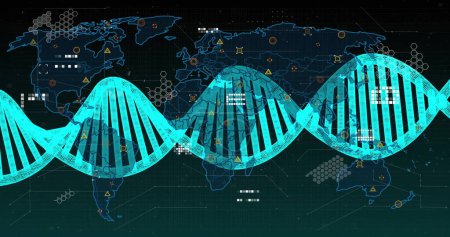 Téléchargez les photos : Image du brin d'ADN sur le traitement des données et la carte du monde. Science globale, recherche, connexions, calcul et traitement des données, image générée numériquement. - en image libre de droit