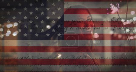 Photo for Image of american flag over diverse group of friends celebrating with sparklers. patriotism and celebration concept, digitally generated image. - Royalty Free Image