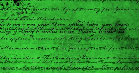 Digitales Bild einer geschriebenen Verfassung der Vereinigten Staaten, die sich auf dem Bildschirm vor grünem Hintergrund bewegt. 4k