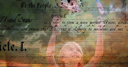 Photo for Digital composite of a Caucasian child holding out two American flags outdoors while a written constitution of the United States move in the foreground. 4k - Royalty Free Image
