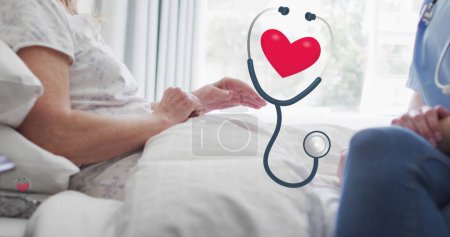 Photo for Image of sthetoscope with heart over caucasian nurse and patient. medical and healthcare services concept, digitally generated image. - Royalty Free Image