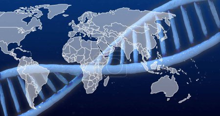 Image of dna strand over world map on blue background. Global research, science, connections, computing and data processing concept, digitally generated image.
