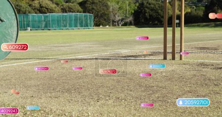 Photo for Image of social media notifications over roller and stumps on cricket pitch. Sports, sports grounds, social network, digital interface, internet and communication, digitally generated image. - Royalty Free Image