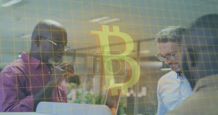 Photo for Image of bitcoin symbol and data processing over diverse business people in office. Global cryptocurrency, business, connections, computing and data processing concept, digitally generated image. - Royalty Free Image