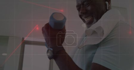 Photo for Image of red light trails moving over african american fit man working out with dumbbells. Sports and fitness technology concept, - Royalty Free Image