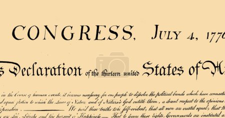Digitales Bild der geschriebenen Verfassung der Vereinigten Staaten, das sich auf dem Bildschirm vor beigem Hintergrund bewegt. 4k