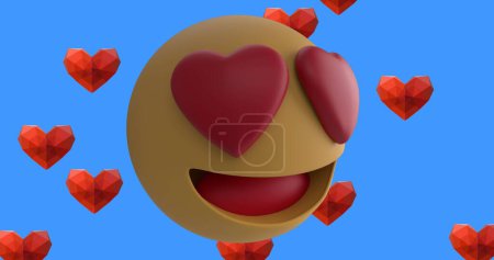 Téléchargez les photos : Image d'une icône emoji souriante avec des cœurs rouges avec des icônes coeur rouge sur fond bleu. concept mondial de médias sociaux et de communication image générée numériquement. - en image libre de droit