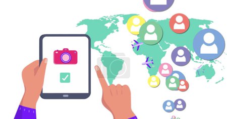 Foto de Image of world map and media icons over hands using tablet. Social media, travel and digital interface concept digitally generated image. - Imagen libre de derechos