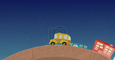 Foto de Autobús escolar conduciendo por carretera marrón, pasando por edificios coloridos. Cielo azul claro que proporciona un fondo vibrante - Imagen libre de derechos