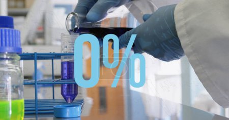 Image of growing numbers from 0 to 100, percentile, cropped hands of scientist pouring liquid. Digital composite, multiple exposure, growth, progress, timer, medical and healthcare concept.