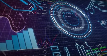 Foto de Image of interface with round scanner and stock market data processing against blue background. Global economy and business technology concept - Imagen libre de derechos