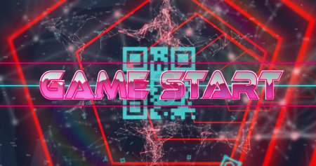 Image of game start text banner over hexagonal tunnel in seamless pattern on black background. image game interface and technology concept