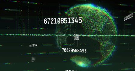 Image of multiple changing numbers and data processing over spinning globe on green background. Global networking and business interface technology concept