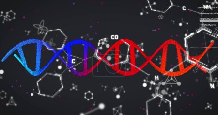 Foto de Imagen de ADN, estructuras moleculares y químicas sobre fondo negro. Concepto de investigación médica y tecnología científica - Imagen libre de derechos