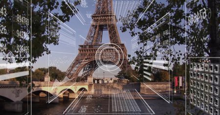 Téléchargez les photos : Image du traitement des données sur le paysage urbain parisien avec tour eiffel. Concept global d'entreprise, de finance, d'informatique et de traitement des données image générée numériquement. - en image libre de droit
