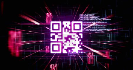 Photo for Image of qr code in rhombus pattern and programming language over abstract background. Digitally generated, hologram, barcode, banking, coding, machine learning and technology concept. - Royalty Free Image