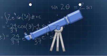 Téléchargez les photos : Image des équations mathématiques sur l'icône du télescope sur le réseau de grille sur fond bleu. Concept scolaire et éducatif - en image libre de droit