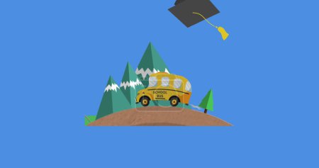 Téléchargez les photos : Image numérique des icônes de chapeau de graduation tombant sur l'icône de bus scolaire sur fond bleu. concept de retour à l'école et à l'éducation - en image libre de droit
