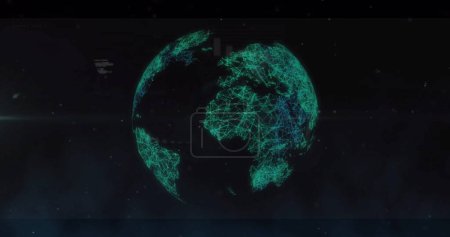 Foto de Líneas verdes brillantes que forman continentes en el globo oscuro. Conexiones digitales que destacan las redes globales y las rutas de datos, mostrando la interconexión - Imagen libre de derechos