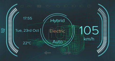 Digital display highlighting speed and vehicle mode options. Screen focusing on electric and hybrid choices for car operation, ensuring clarity and user-friendliness