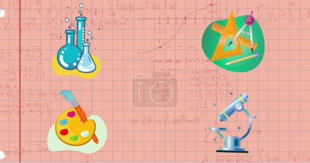 Foto de Imagen de iconos conceptuales de la escuela y ecuaciones matemáticas sobre fondo de papel forrado cuadrado rosa. Concepto de escuela y educación - Imagen libre de derechos