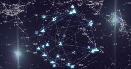 Image d'icônes informatiques numériques et de numéros interconnectés avec des lignes formant un globe. Hologramme, généré numériquement, abstrait, mondialisation, télécommunications, connexion, futuriste, internet.