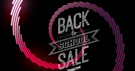 Image of back to school over pink spiral and black background. Back to school, education, sales and promotions concept digitally generated image.