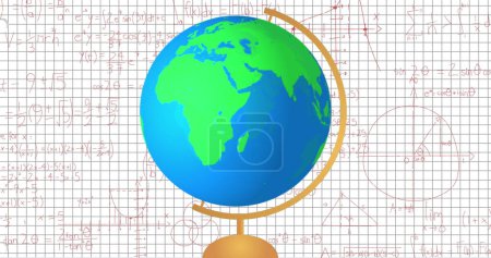 Foto de Imagen del icono del modelo de globo y ecuaciones matemáticas contra el fondo de papel forrado cuadrado. Concepto de escuela y educación - Imagen libre de derechos