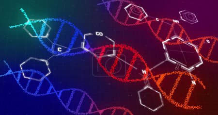 Foto de Imagen de ADN y estructuras químicas sobre fondo de gradiente púrpura. Concepto de investigación médica y tecnología científica - Imagen libre de derechos