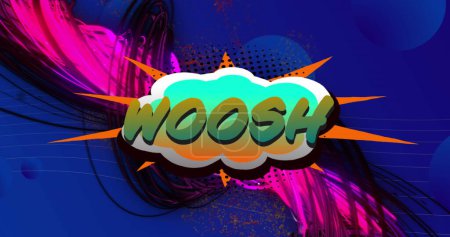 Image of woosh text on retro speech bubble and patterned background. Vintage communication and colour concept digitally generated image.