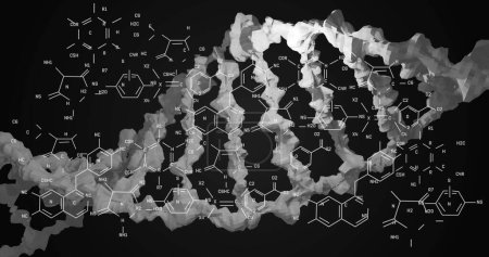 Photo for Image of chemical structures over dna strand spinning on black background. Global science, medicine and data processing concept digitally generated image. - Royalty Free Image