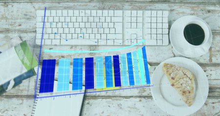 Photo for Image of graphs, overhead view of keyboard, coffee, food, morning and good text on notes. Digital composite, multiple exposure, report, business, beverage and technology concept. - Royalty Free Image