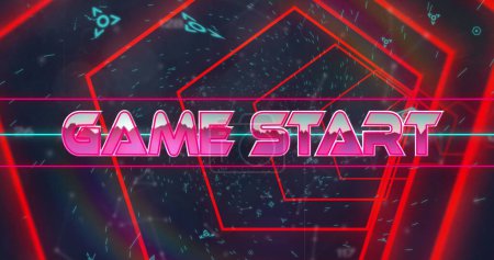 Image of game start text banner over hexagonal tunnel in seamless pattern on black background. image game interface and technology concept