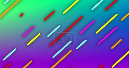 Bild von bunten Linien, die sich diagonal auf grünem und violettem Hintergrund bewegen. Bewegung, Richtung und Farbe, abstraktes digitales Interface Hintergrundkonzept digital generiertes Bild.