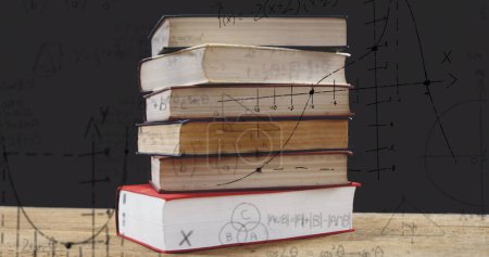 Image of stack of books over mathematical equations and formulae. Global school, learning, education, computing and data processing concept digitally generated image.