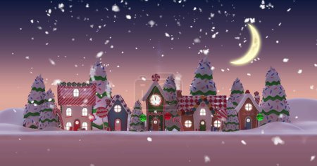 Foto de Nieve suavemente cayendo en casas coloridas y festivas bajo la luna creciente. Cada edificio, adornado con luces y bastones de caramelo, irradiando alegría navideña - Imagen libre de derechos