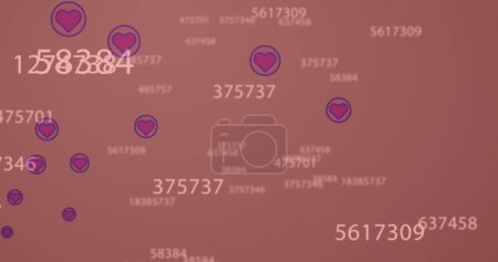 Téléchargez les photos : Image de plusieurs icônes cardiaques et de nombres changeants flottant sur fond rose. Réseaux sociaux et concept de technologie d'entreprise - en image libre de droit