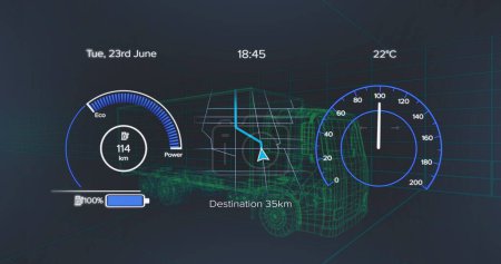 Digital dashboard displays various vehicle metrics in futuristic style. Green holographic car outline is central, surrounded by speed and battery indicators